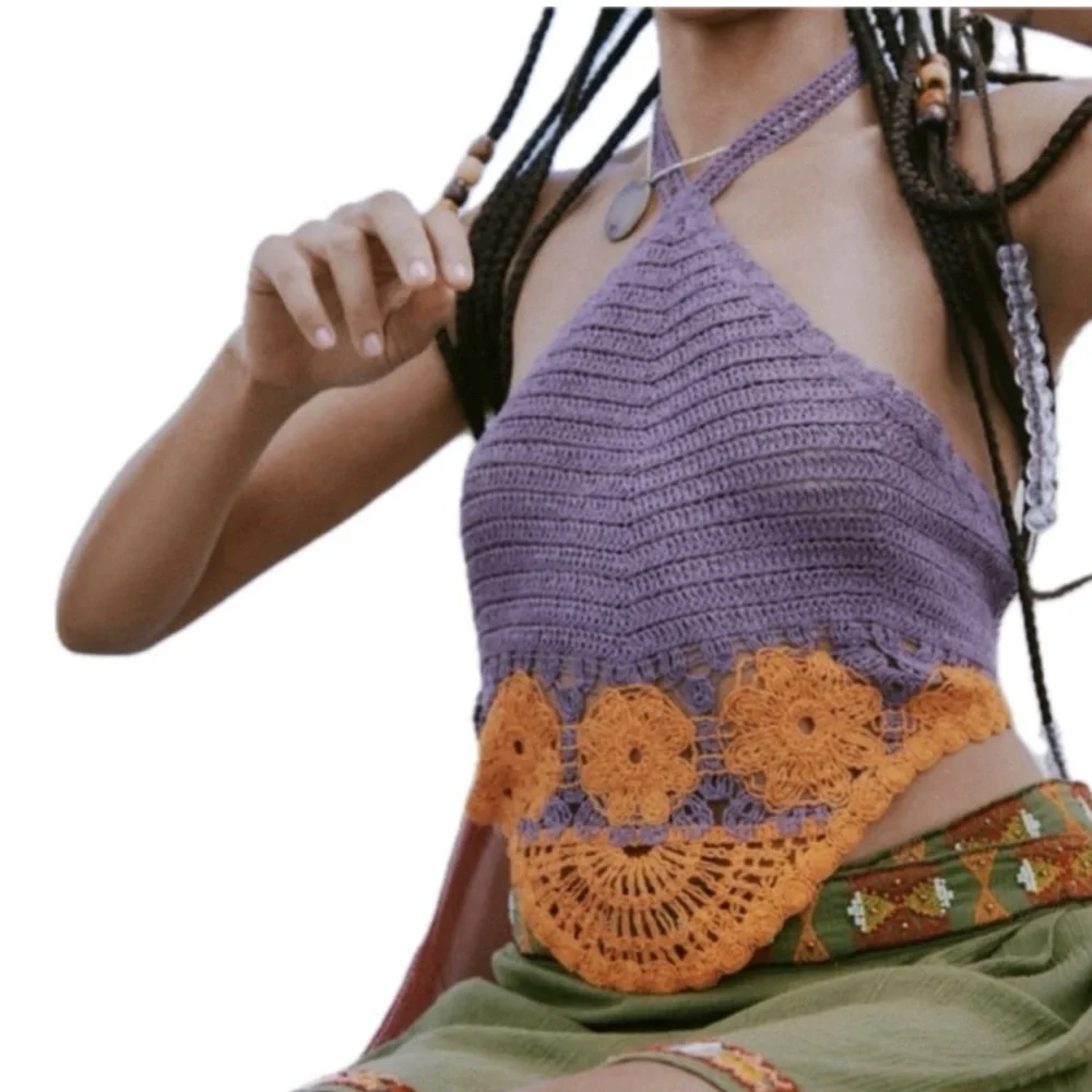 Zara purple orange crochet knit boho halter crop top NWT bohemian - Picture 4 of 13